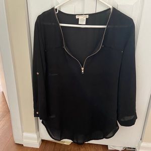 Sheer Zip Up Black V neck Dress Shirt